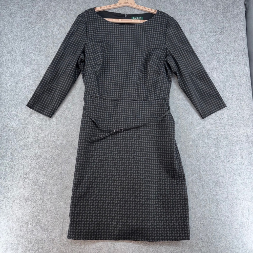 Lauren Ralph Lauren Houndstooth Sheath Dress Black Gray 3/4 Sleeve 16